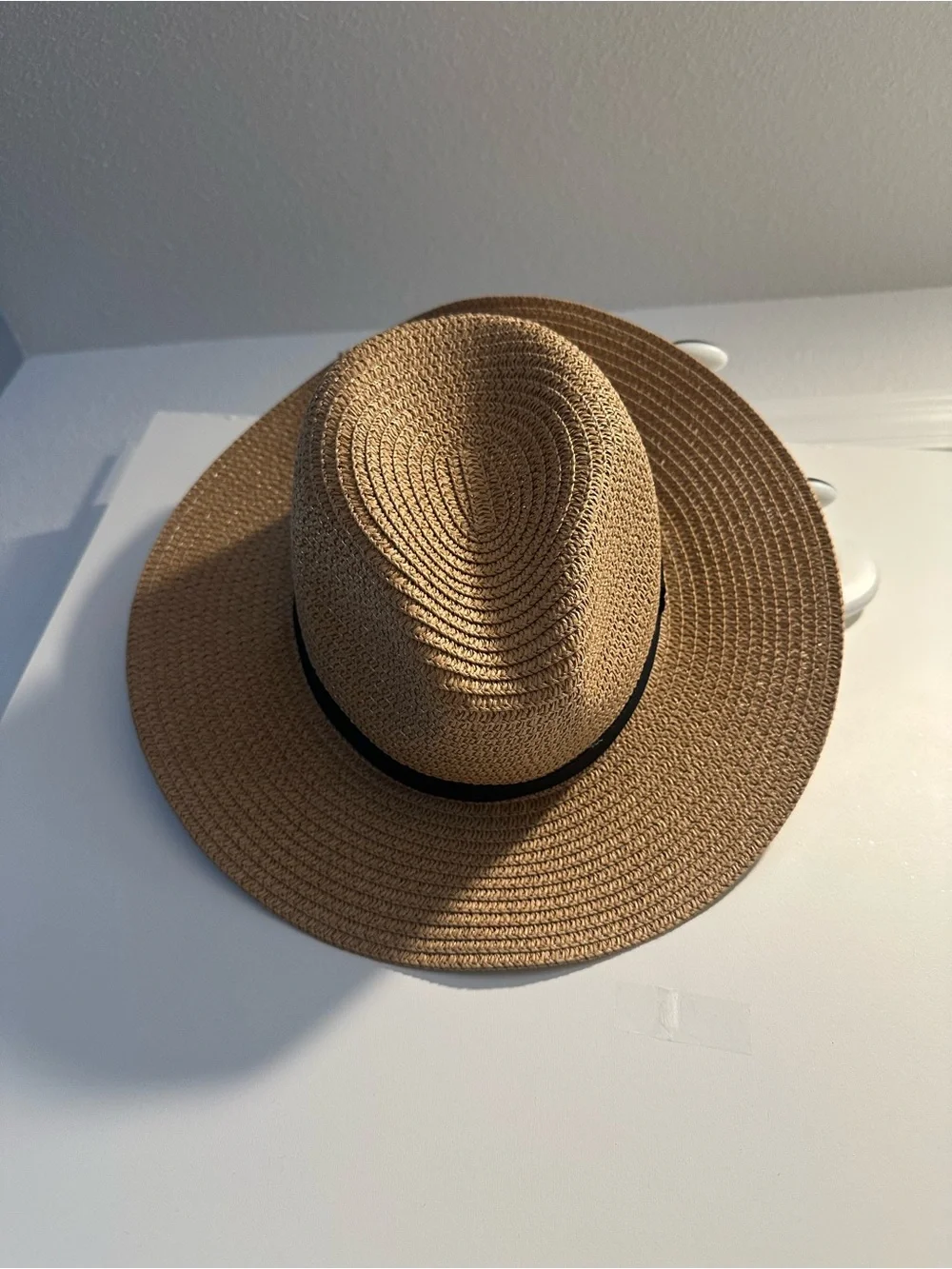 Women’s Wide Brim Straw Fedora Hat in Brown with Black Band